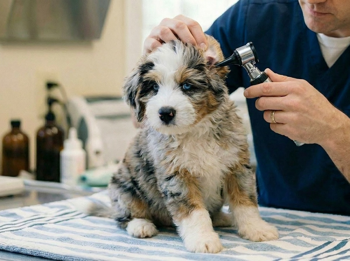Veterinarian performing a pre-placement nose-to-tail examination on a Florida Fur Babies puppy