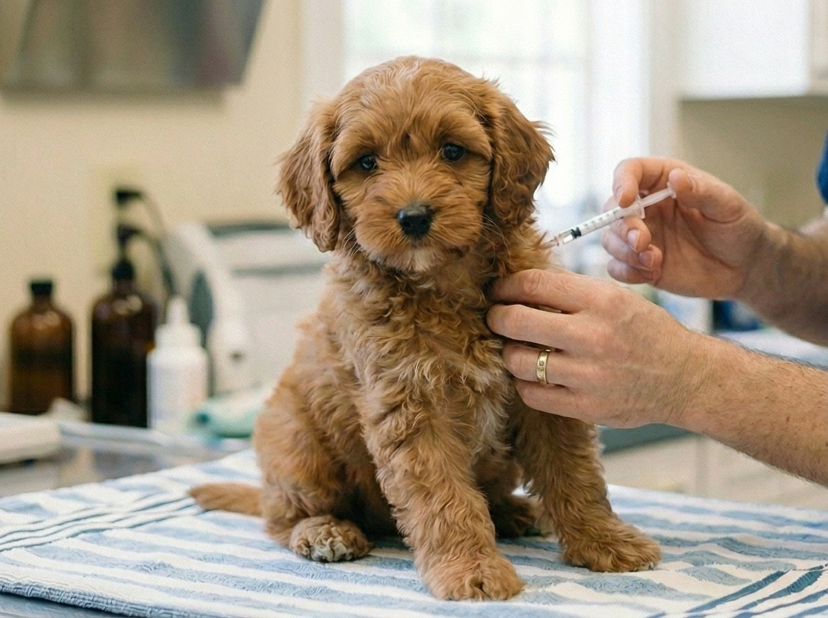 Puppy receiving first vaccination at approximately 8 weeks of age
